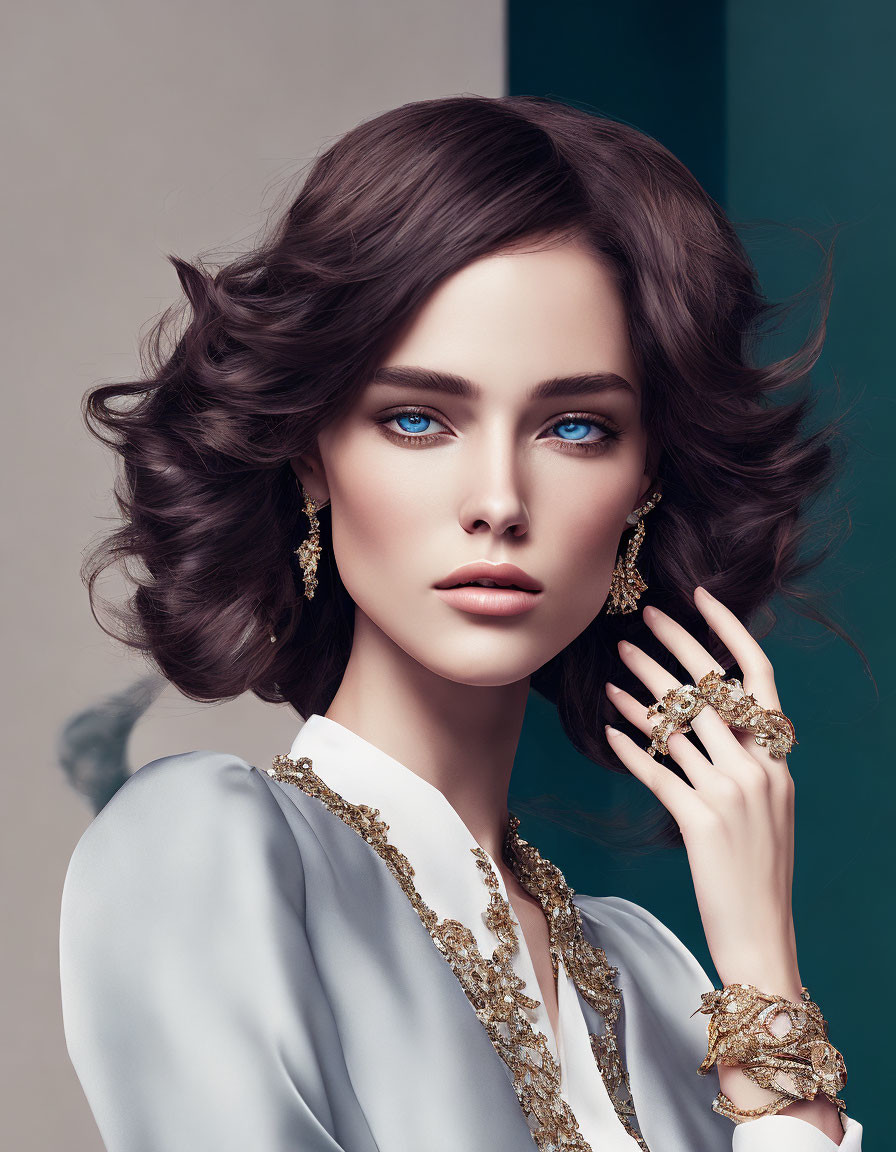 Portrait of Elegant Woman with Wavy Brown Hair and Striking Blue Eyes