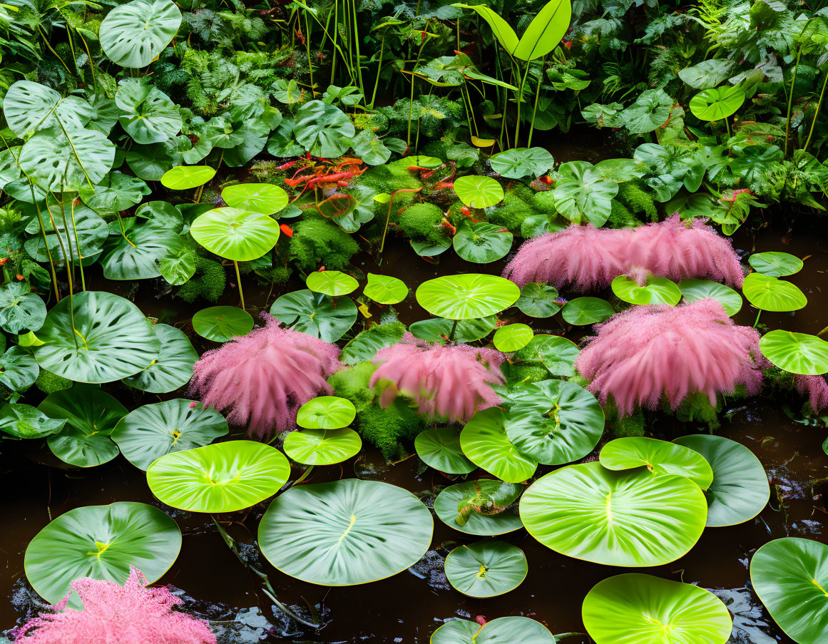 Vibrant green lily pads in lush pond with pink plants and dense foliage