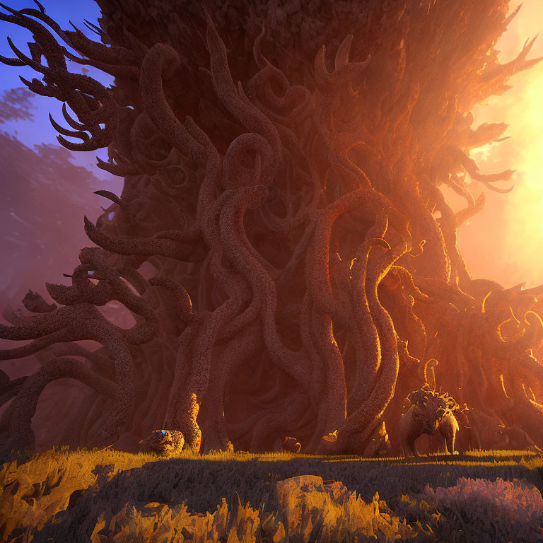 Enormous intricate tree with creatures and field