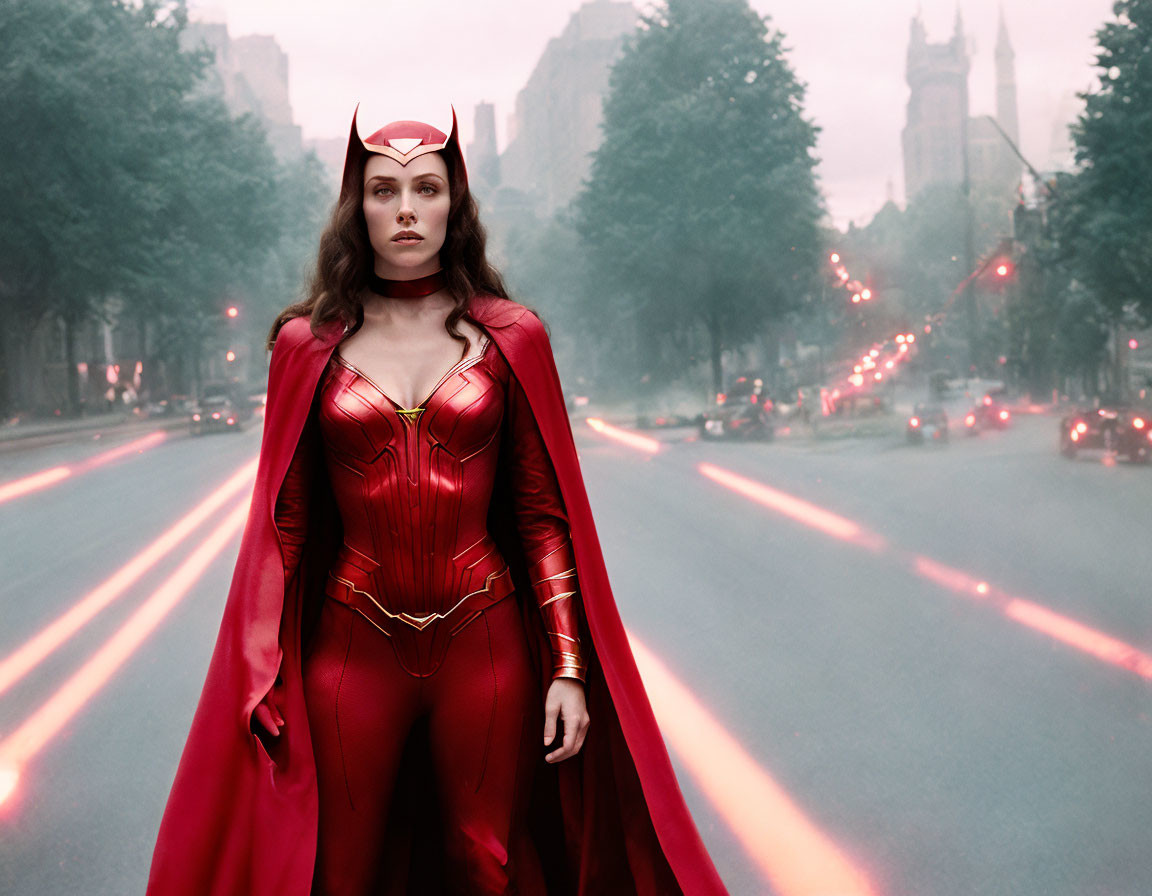 Woman in Red Superhero Costume Stands in Street with Traffic Lights