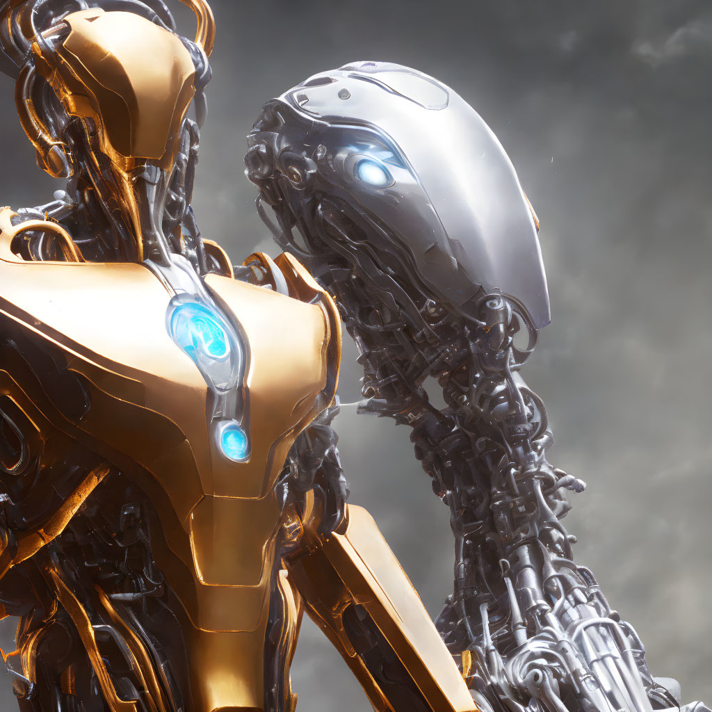 Detailed Close-Up of Two Intricately Designed Humanoid Robots