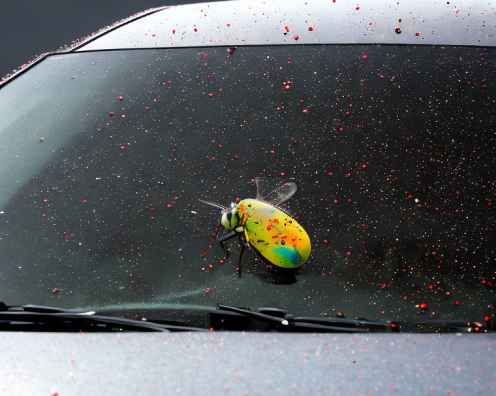 Vibrant beetle on car windshield with red droplets on dark background