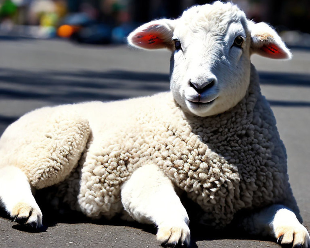 Thick-fleeced sheep calmly gazes at camera on pavement