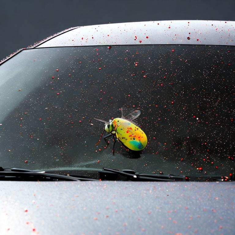 Vibrant beetle on car windshield with red droplets on dark background