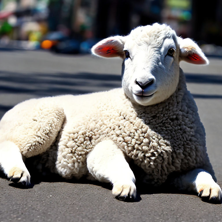 Thick-fleeced sheep calmly gazes at camera on pavement