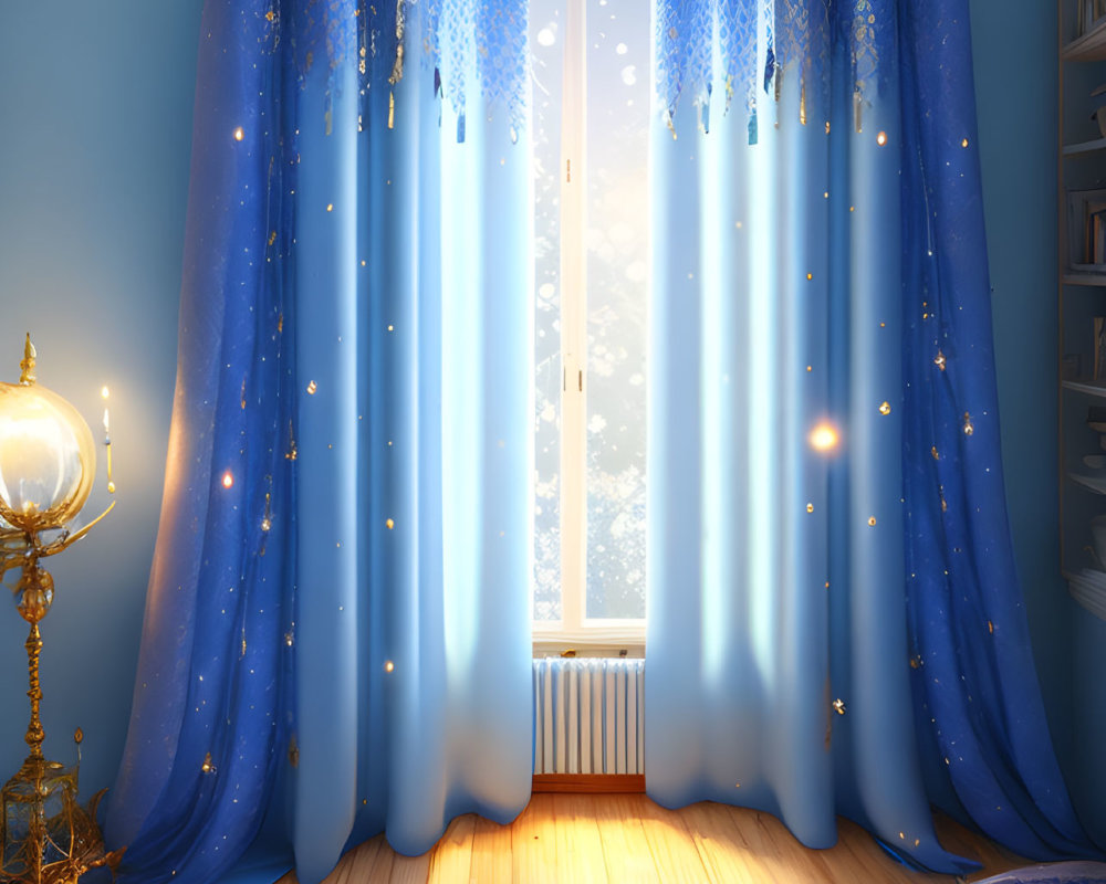 Cozy Bedroom with Starry-Themed Blue Curtains and Wooden Flooring