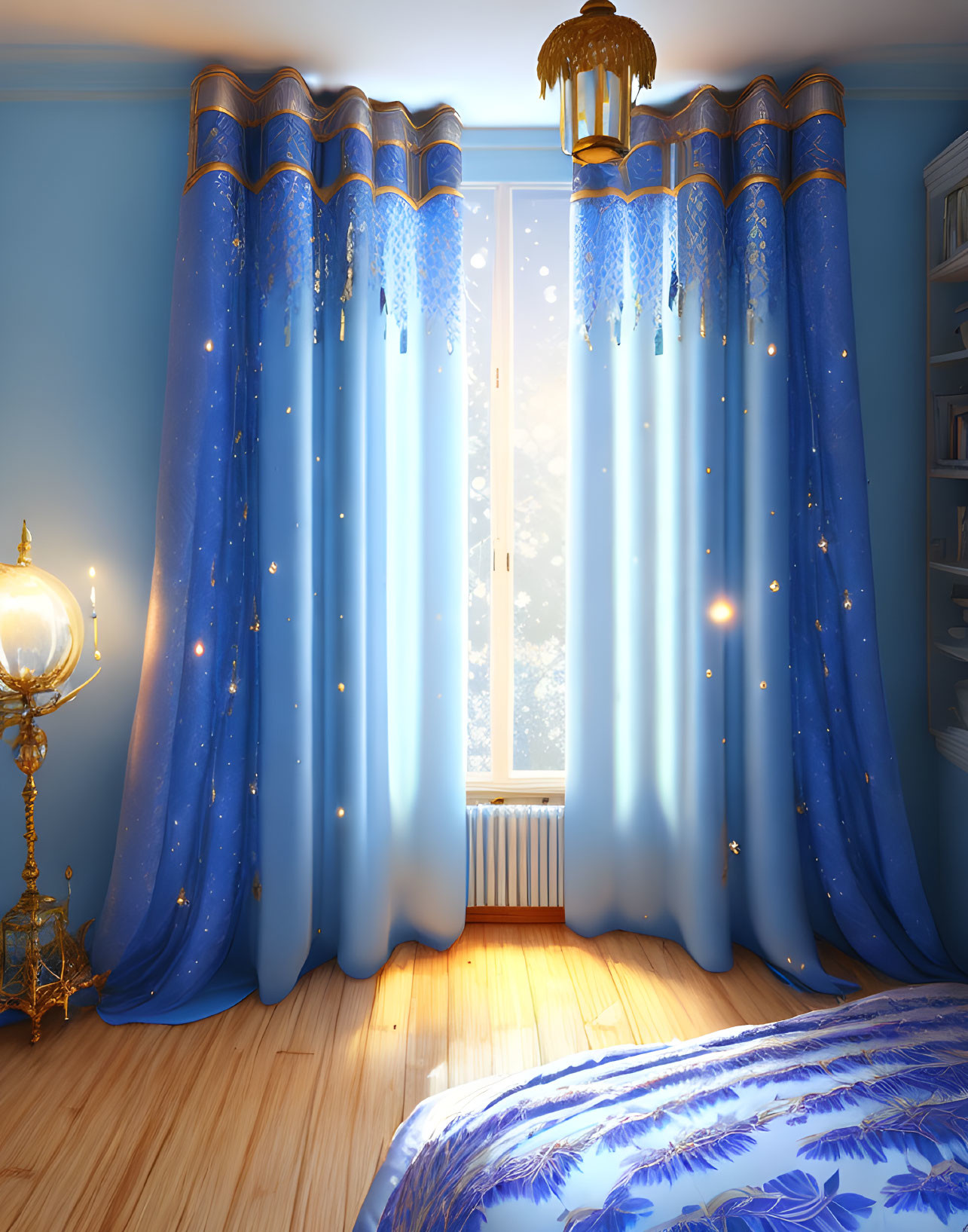 Cozy Bedroom with Starry-Themed Blue Curtains and Wooden Flooring