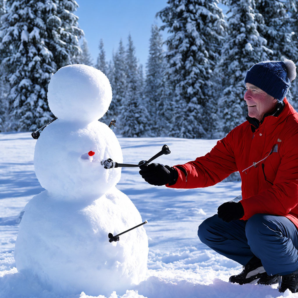 Person in Red Jacket Adding Arms to Snowman in Snowy Forest