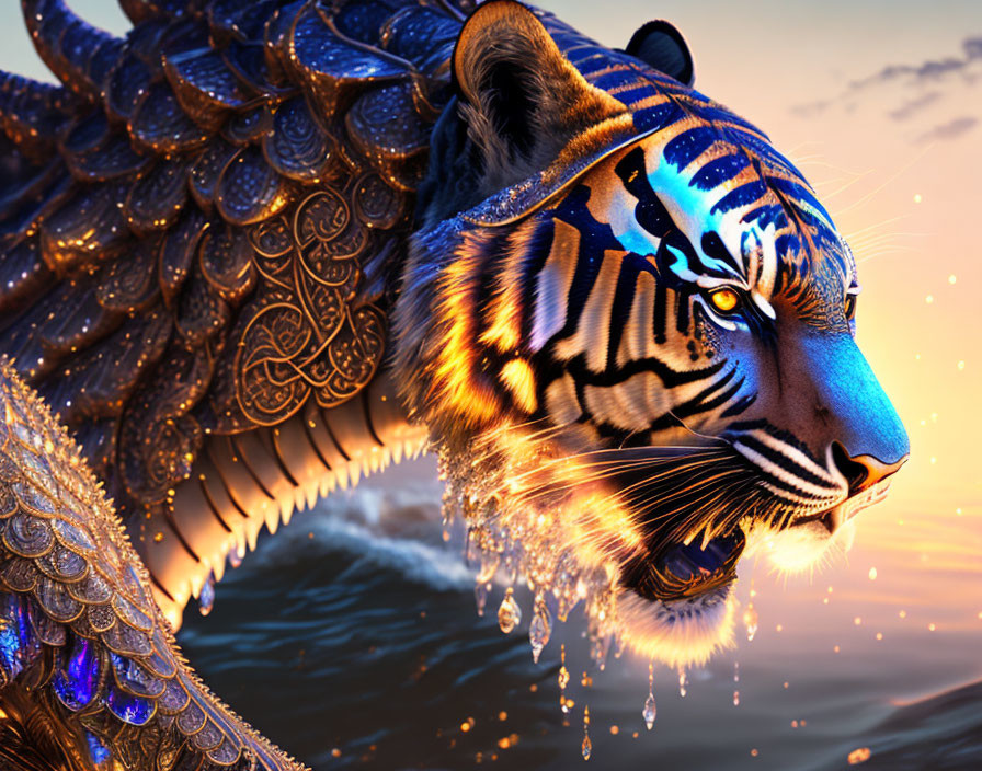 Fantastical tiger with ornate scales and wings at sunset.