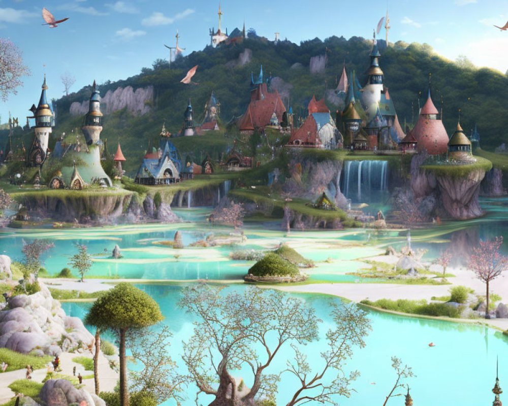 Fantasy landscape with waterfalls, castles, rivers, greenery, and flowers