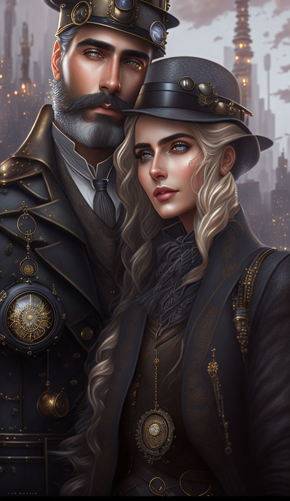 Steampunk-inspired digital artwork of man and woman in Victorian attire with brass accessories, against industrial city