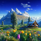 Colorful digital artwork: Tulip fields, village, mountains