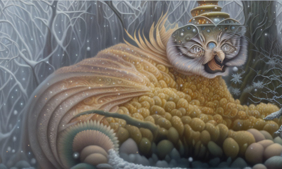 Surreal creature with cat face in flowing textures against whimsical tree patterns