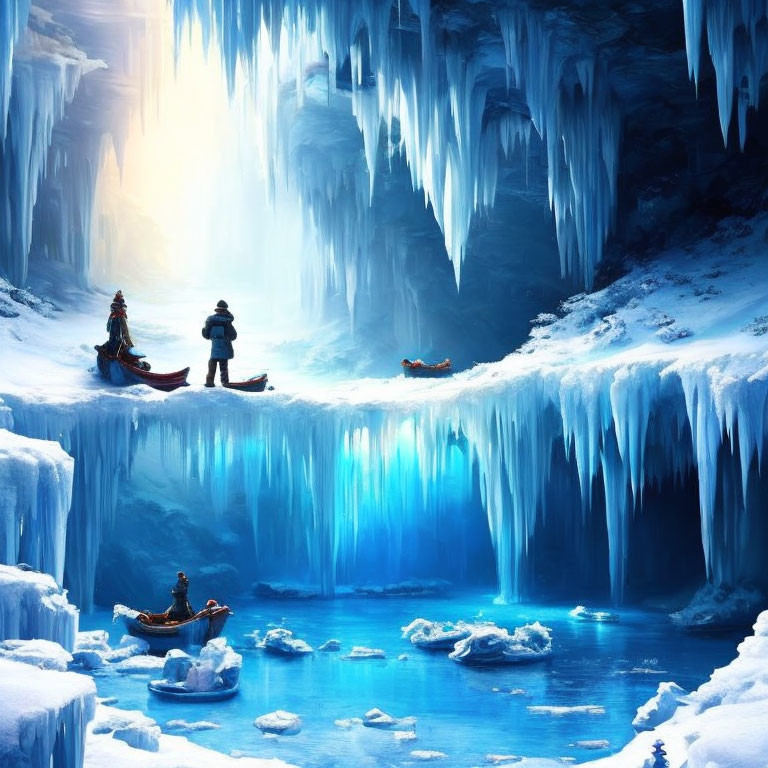 Ethereal icy cavern with adventurers on boats illuminated by warm glow