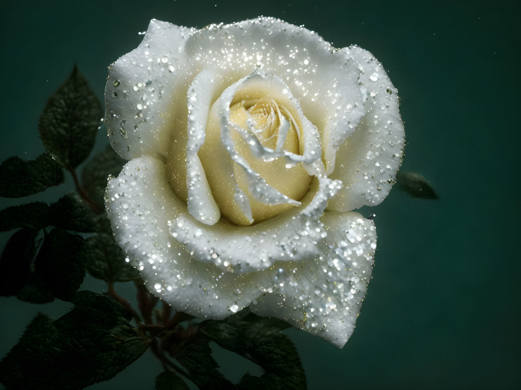 White Rose with Water Droplets on Dark Teal Background