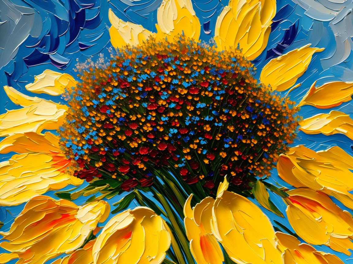 Colorful Oil Painting of Yellow Tulip Bouquet