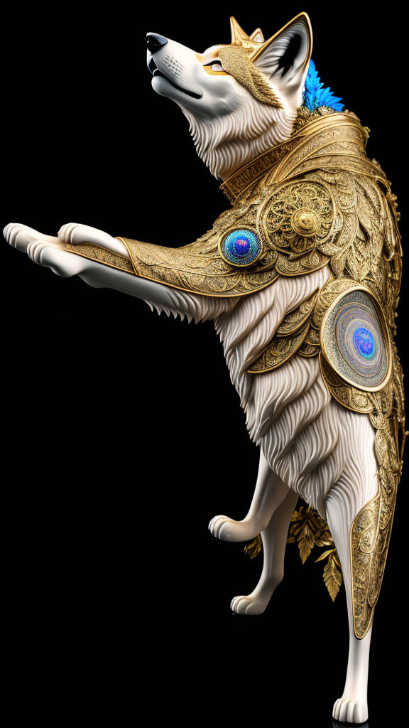 Golden-armored wolf with peacock feather decorations standing upright