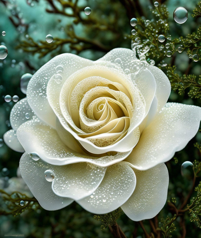 White Rose with Dewdrops and Bubbles Among Green Foliage