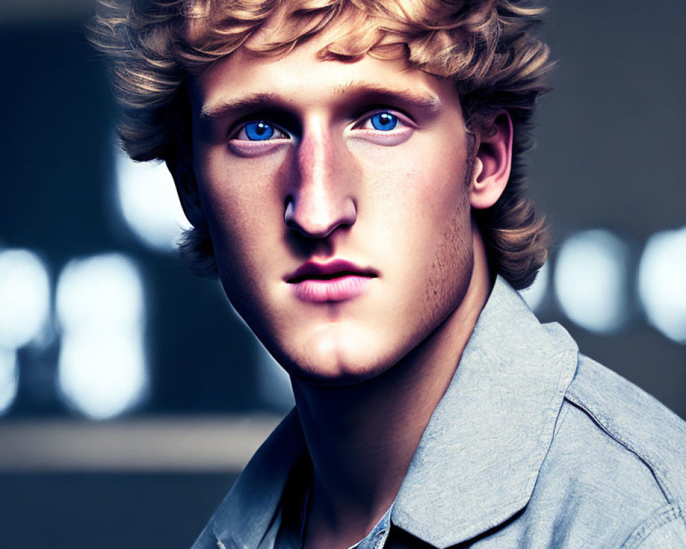 Portrait of Young Man with Curly Blond Hair and Blue Eyes in Gray Shirt