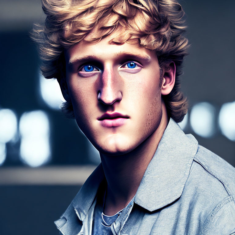 Portrait of Young Man with Curly Blond Hair and Blue Eyes in Gray Shirt