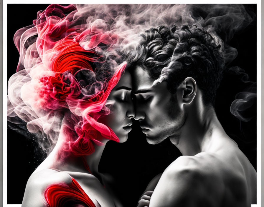 Digital artwork: Man and woman in close embrace with colorful smoke, creating romantic atmosphere