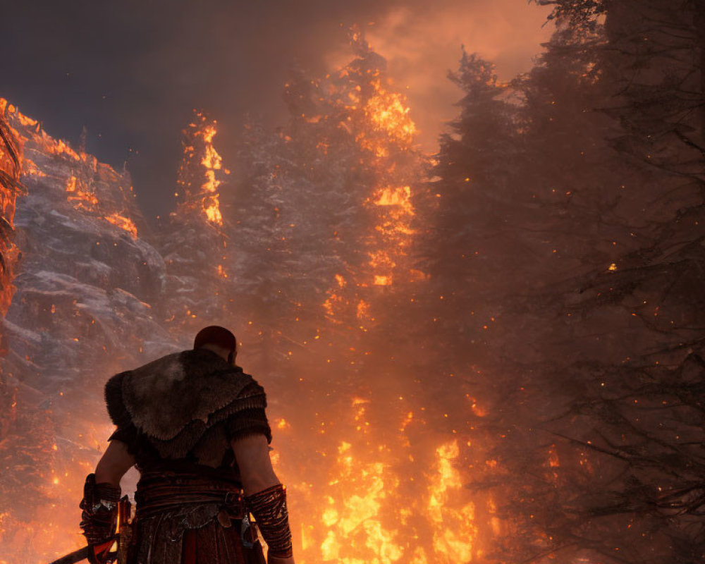 Warrior in fur cloak gazes at forest fire amidst snowy cliffs.