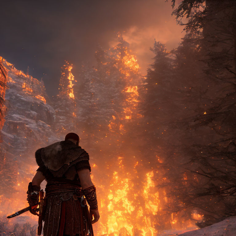 Warrior in fur cloak gazes at forest fire amidst snowy cliffs.