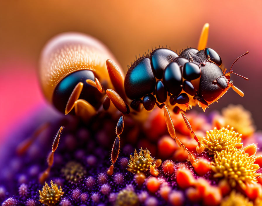 Macro photography: Ant on vibrant purple and orange flower