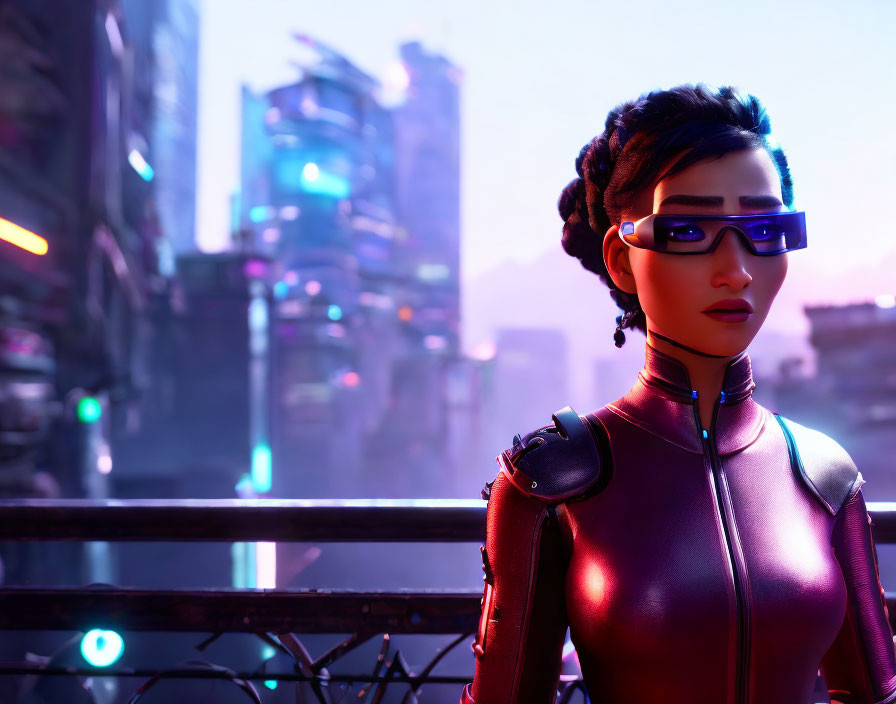 Futuristic glasses woman in cyberpunk cityscape.