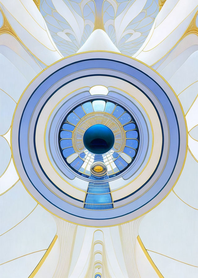 Elaborate blue and gold spiral staircase with symmetrical design