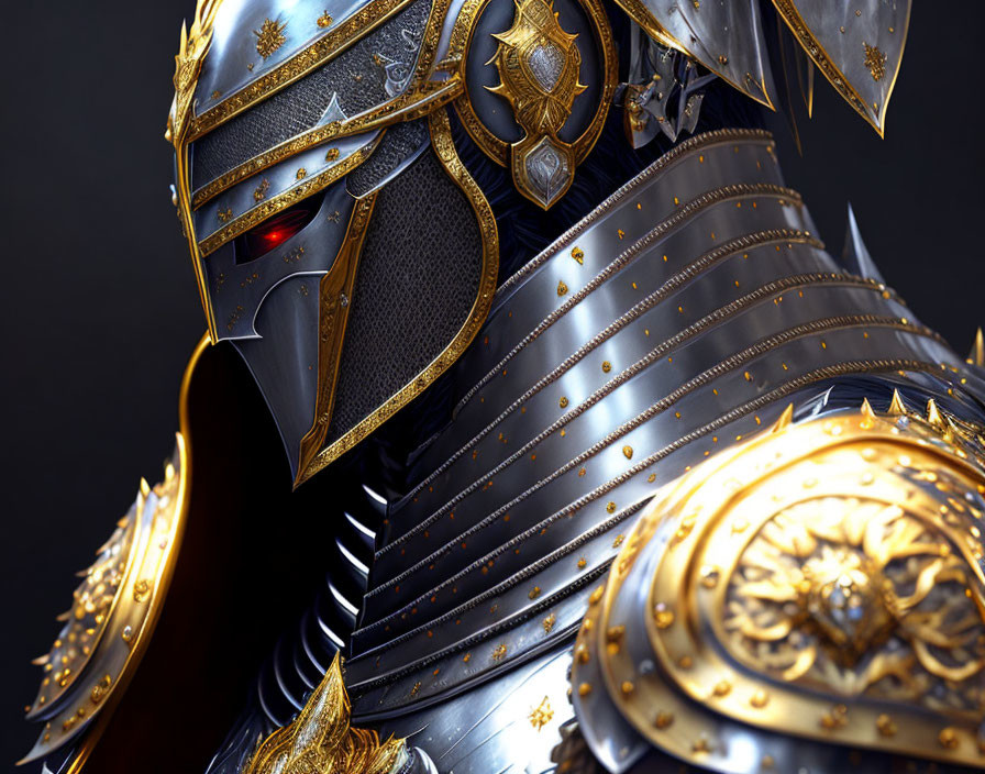 Detailed Close-Up: Ornate Knight in Metallic Armor with Gold Embellishments