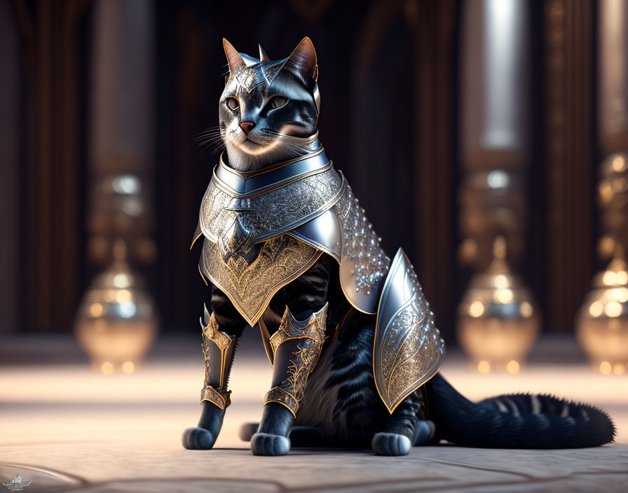 Majestic black cat in silver and gold armor in grand hall