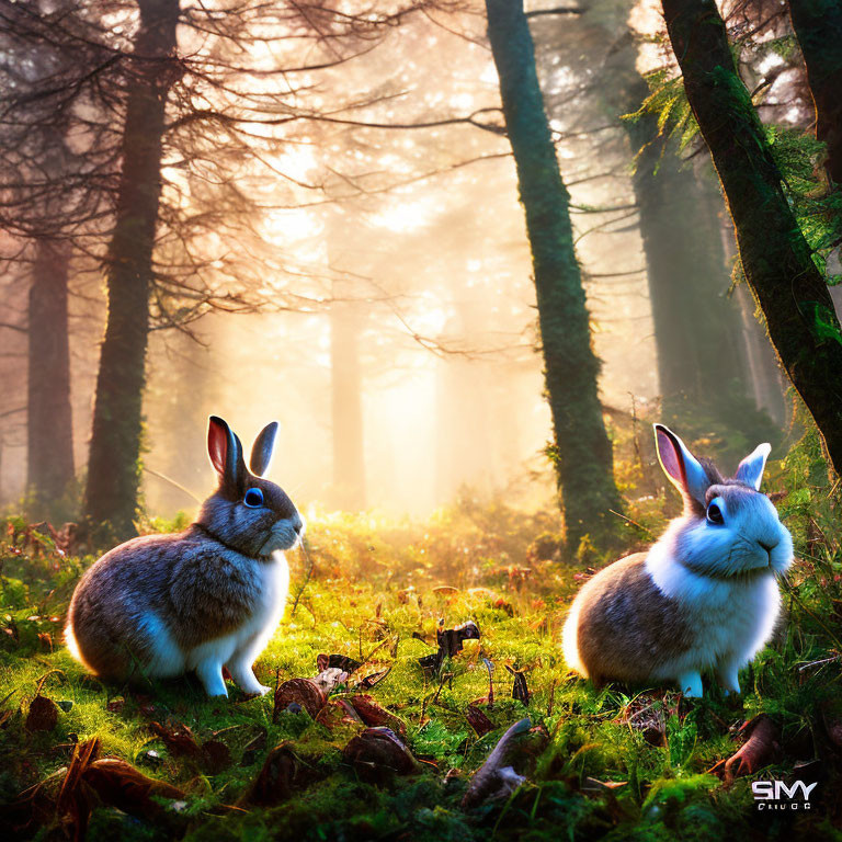 Rabbits in misty forest with sunlight filtering through trees