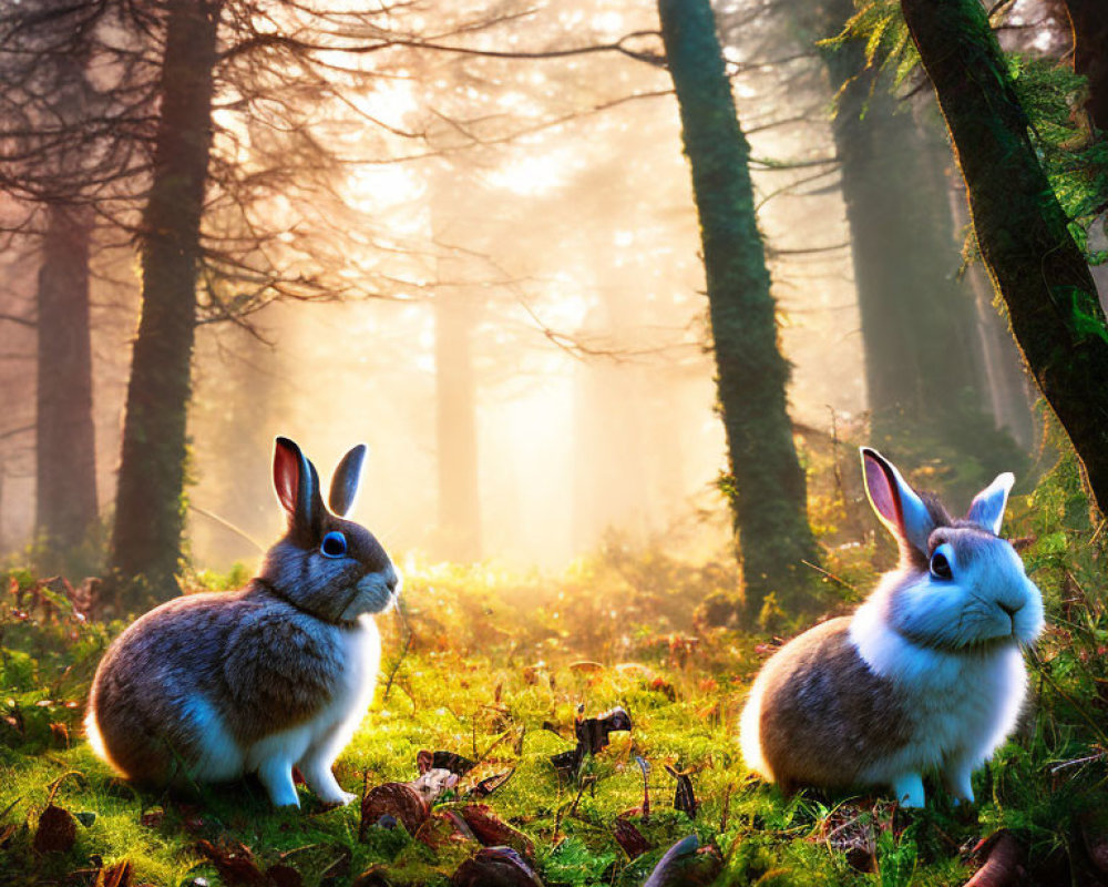 Rabbits in misty forest with sunlight filtering through trees