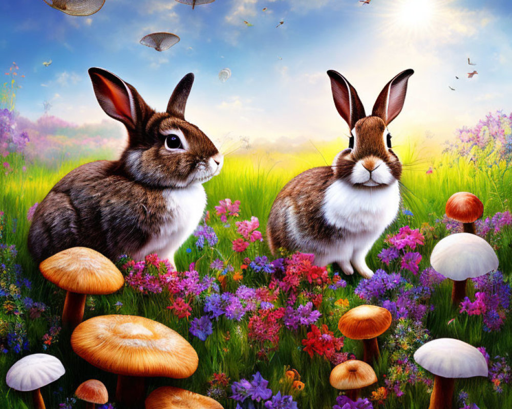 Colorful meadow scene with rabbits, flowers, mushrooms, and feather hats.