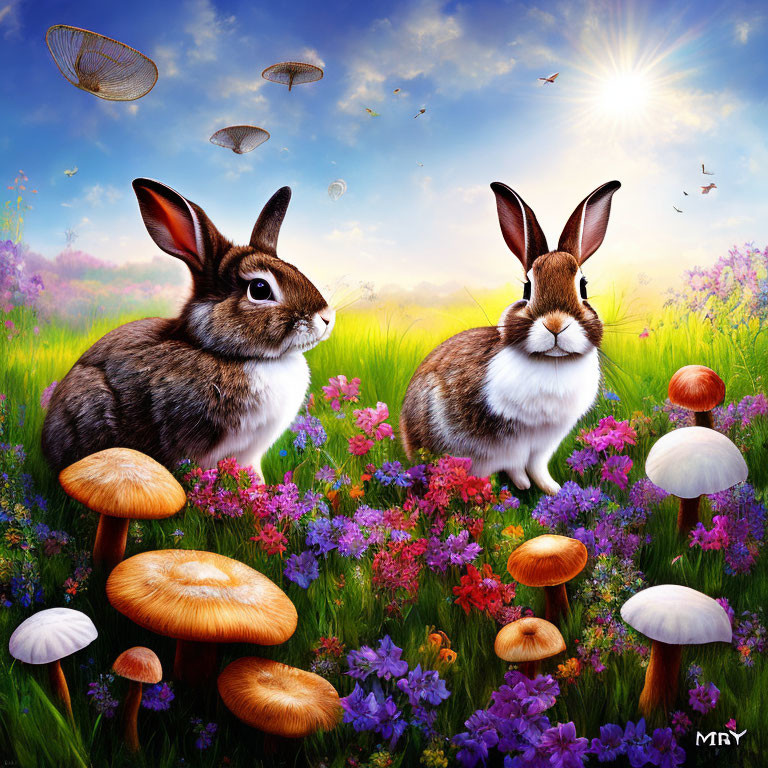 Colorful meadow scene with rabbits, flowers, mushrooms, and feather hats.