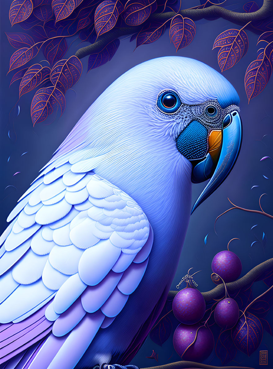 Detailed Blue Budgerigar Illustration Among Purple Berries and Orange Leaves