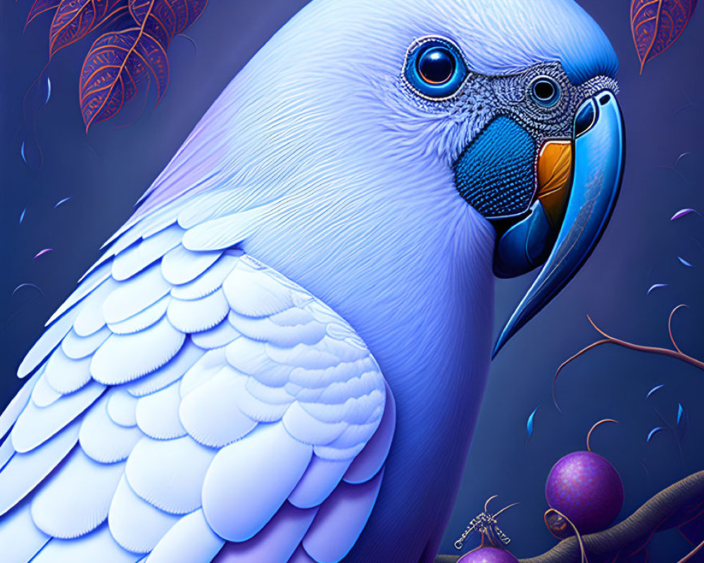 Detailed Blue Budgerigar Illustration Among Purple Berries and Orange Leaves