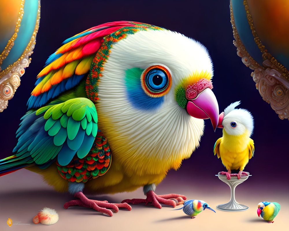 Colorful digital artwork of multicolored parrot with yellow companion on purple background