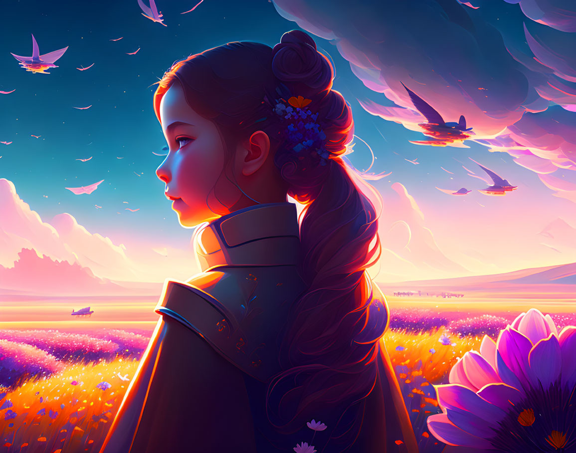 Illustration of girl with long braid in sunset field.