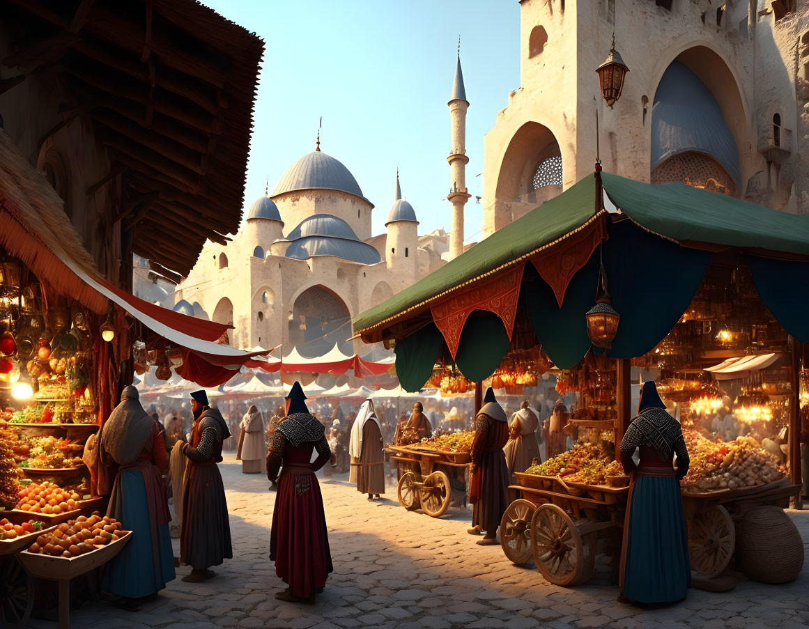 Vibrant market scene with traditional attire, fruits, spices, and domed buildings