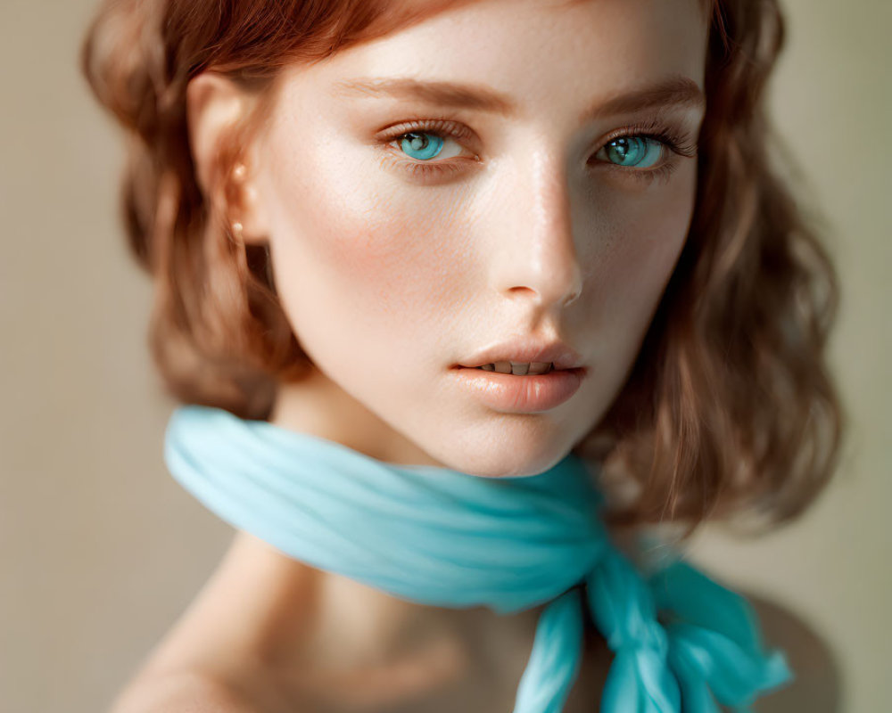 Woman with Blue Eyes and Brown Curly Hair in Blue Scarf Portrait