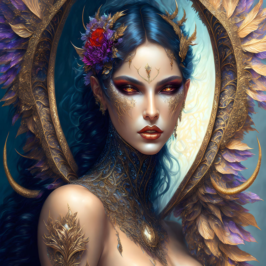 Fantastical female figure with blue hair and ornate golden tattoos in circular frame