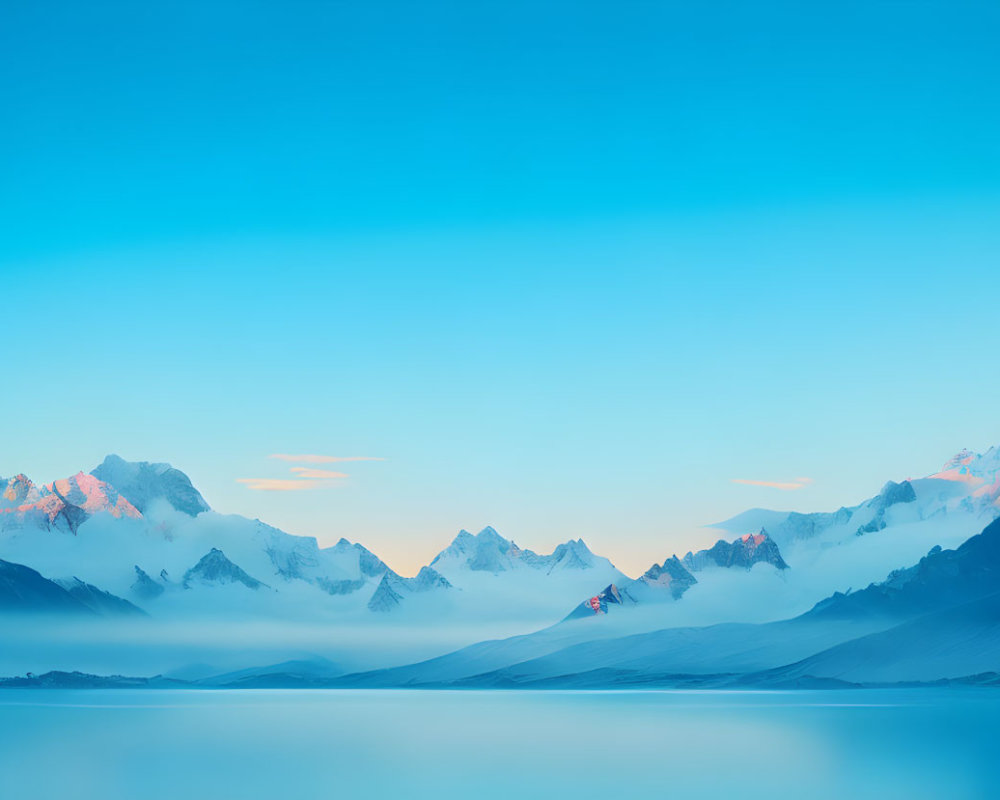 Tranquil lake with snow-covered mountains under soft sun glow