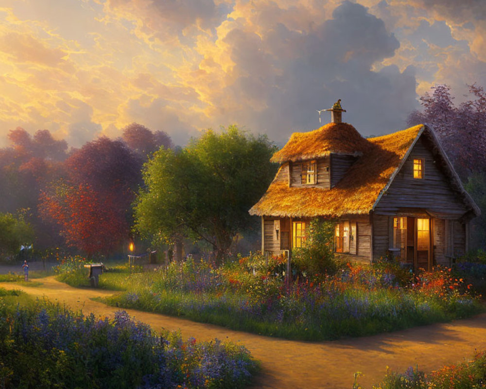 Cozy cottage in sunset glow with vibrant flowers