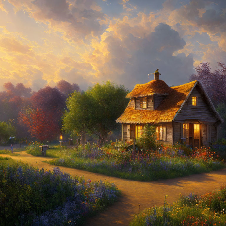 Cozy cottage in sunset glow with vibrant flowers