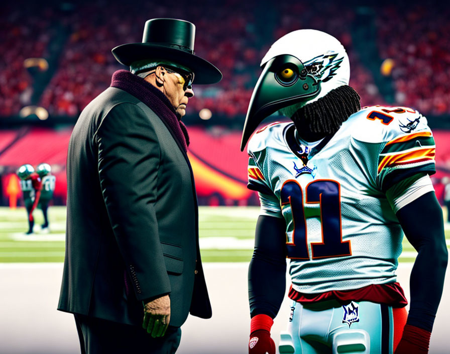 Man in suit next to player with bird-head helmet on football field