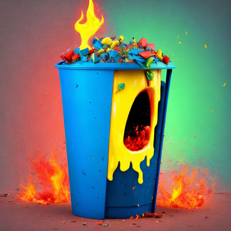 Blue Shocked Face Trash Bin Melting with Flames on Grey Background