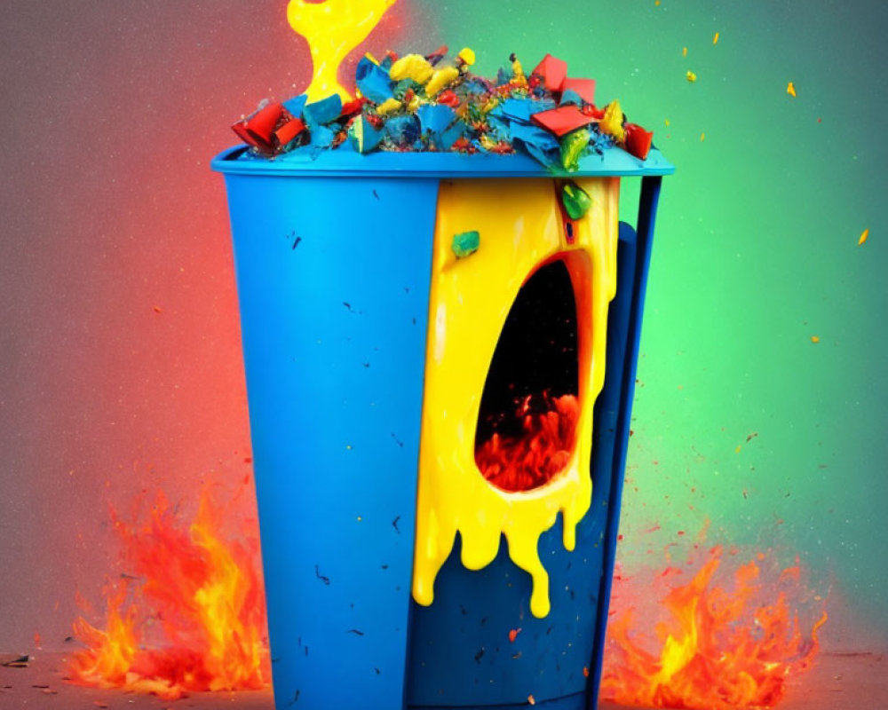 Blue Shocked Face Trash Bin Melting with Flames on Grey Background