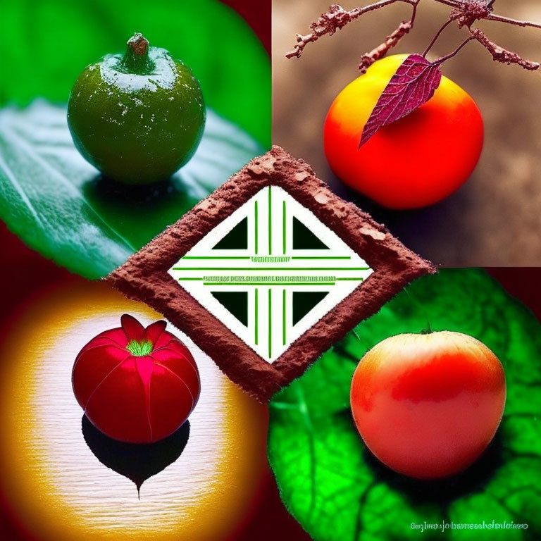 Colorful Fruit Collage with Geometric Pattern and Vibrant Lighting